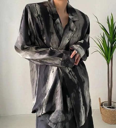 Women Black Tie Dye Should Padded Big Size Blouse New Lapel Long Sleeve Loose Fit Shirt Fashion Spring Autumn 2025 1DF0348