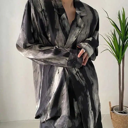 Load image into Gallery viewer, Women Black Tie Dye Should Padded Big Size Blouse New Lapel Long Sleeve Loose Fit Shirt Fashion Spring Autumn 2025 1DF0348
