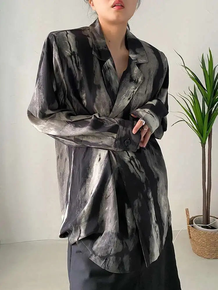 Women Black Tie Dye Should Padded Big Size Blouse New Lapel Long Sleeve Loose Fit Shirt Fashion Spring Autumn 2025 1DF0348