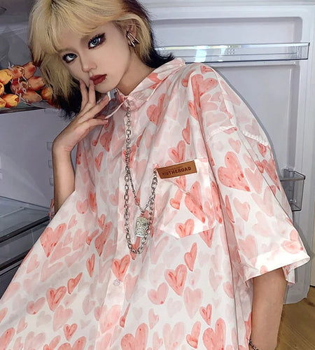Shirts Women Chain Turn Dawn Collar Thin Heart Love Print Sumple Harajuku Fashion Loose Oversize Top