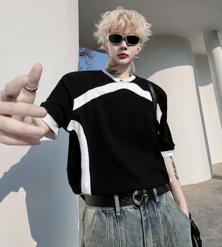 Summer Male T-shirts Round Neck Splicing Contrast Color Nail Bead Decoration Men's Short Sleeve Men's T-shirt 9W1499