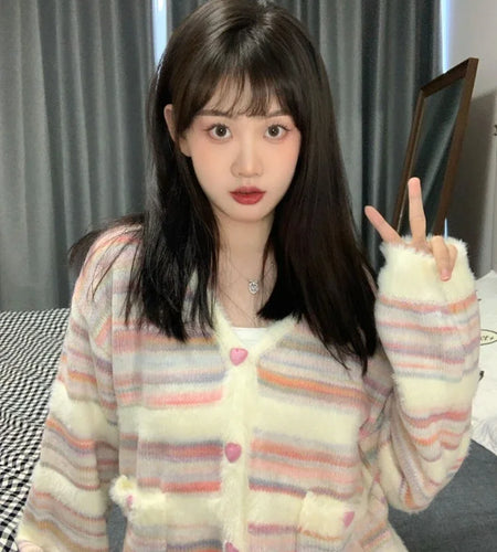 Rainbow Striped Cardigan Women Kawaii Heart Button Japanese Soft Sweet Knitted Sweater Coat Harajuku Y2k Kardigany
