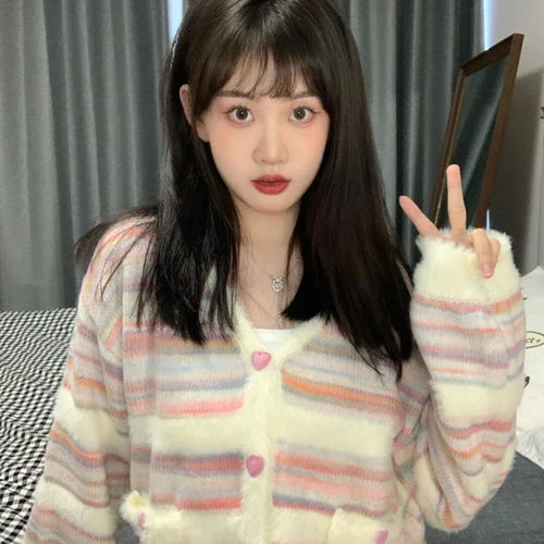 Load image into Gallery viewer, Rainbow Striped Cardigan Women Kawaii Heart Button Japanese Soft Sweet Knitted Sweater Coat Harajuku Y2k Kardigany
