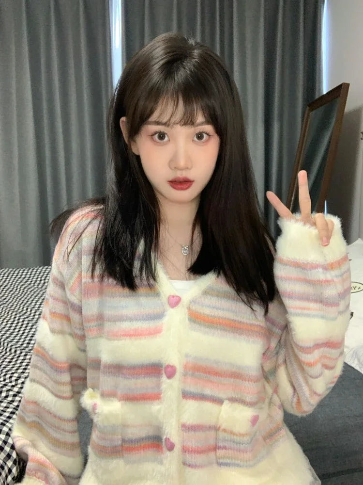 Rainbow Striped Cardigan Women Kawaii Heart Button Japanese Soft Sweet Knitted Sweater Coat Harajuku Y2k Kardigany