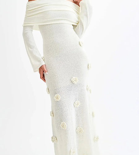 3D Flowers Off Shoulder Long Sleeve Crochet Knitted Tunic Beach Cover Up Cover-ups Beach Dress Beach Wear Beachwear Female V6186