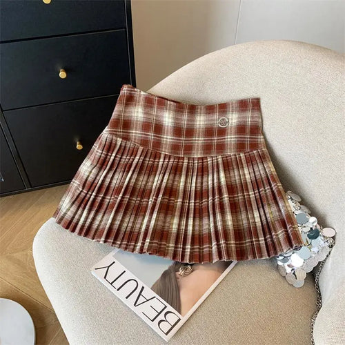 Load image into Gallery viewer, Vintage Brown Plaid Preppy Style Spring Summer Women A-line Short Pleated Skirt Y2k Red Patchwork High Waist Mini Skirt Harajuku
