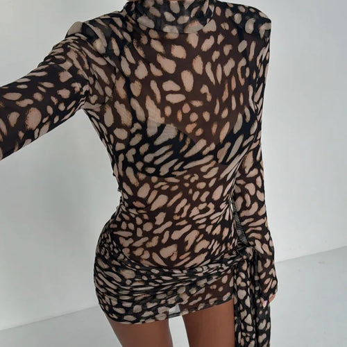 Load image into Gallery viewer, Fashion Leopard Print Long Sleeved Elastic Tight Skirt Women Sexy Mini Dress Temperament Party Club Evening Dress 2025
