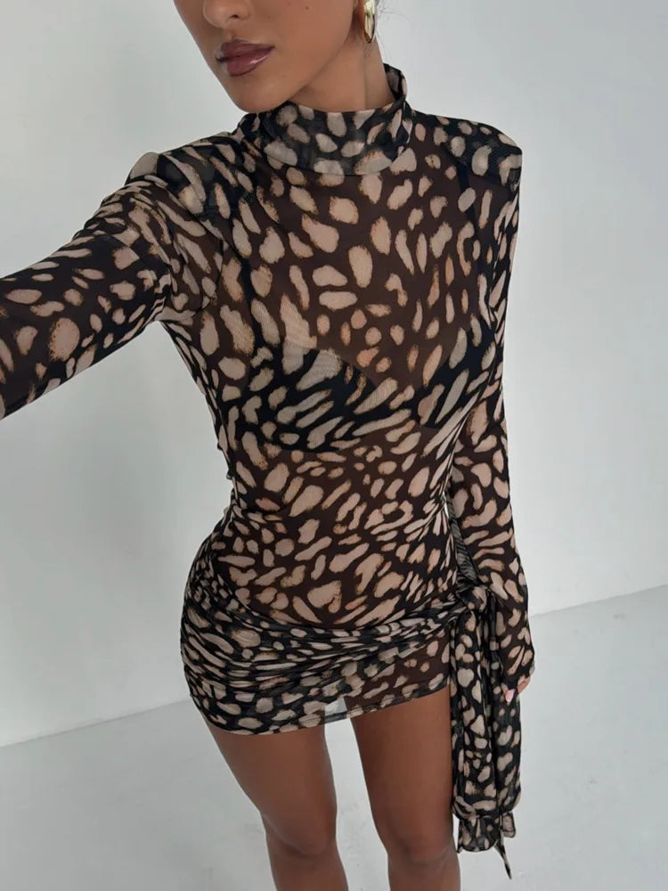 Fashion Leopard Print Long Sleeved Elastic Tight Skirt Women Sexy Mini Dress Temperament Party Club Evening Dress 2025