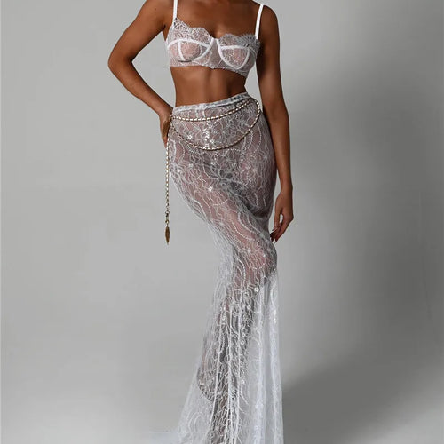 Load image into Gallery viewer, See Through Lace Two Piece Skirt Sets Women Crop Top And Maxi Skirt Sets Elegant Party Beach Sexy Two Piece Set
