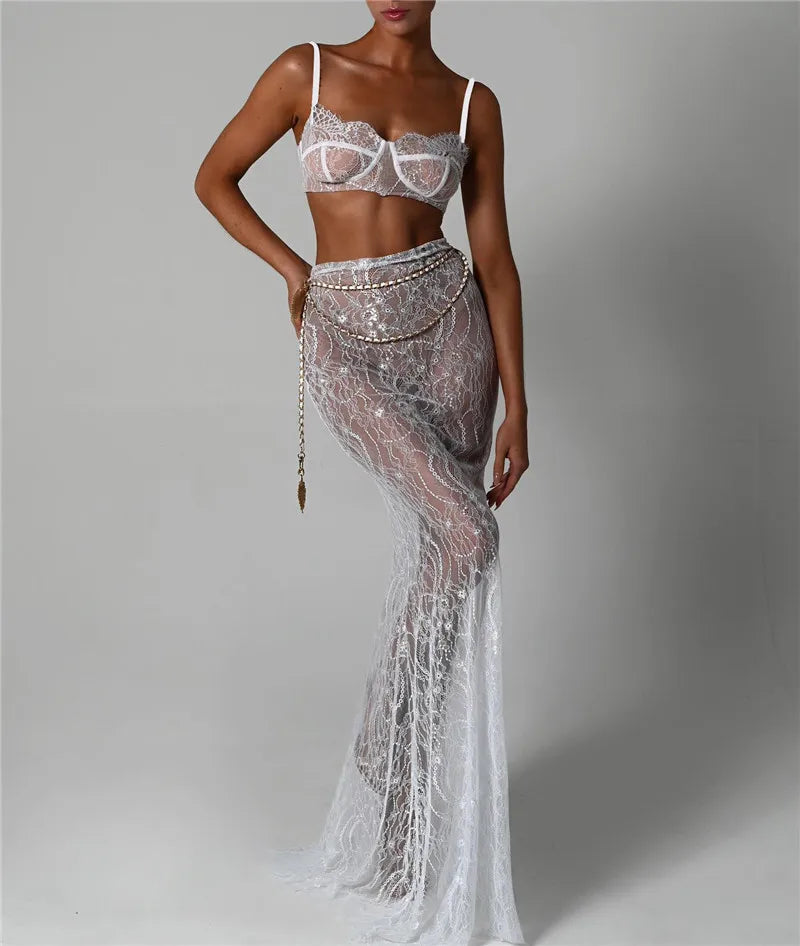 See Through Lace Two Piece Skirt Sets Women Crop Top And Maxi Skirt Sets Elegant Party Beach Sexy Two Piece Set