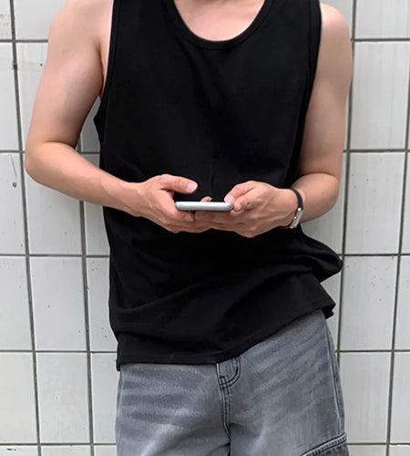 Men's Handsome Sports Vest New Summer Loose Round Neck Korean Pullover Trendy Solid Color Stylish Simple Male Top 9W1613