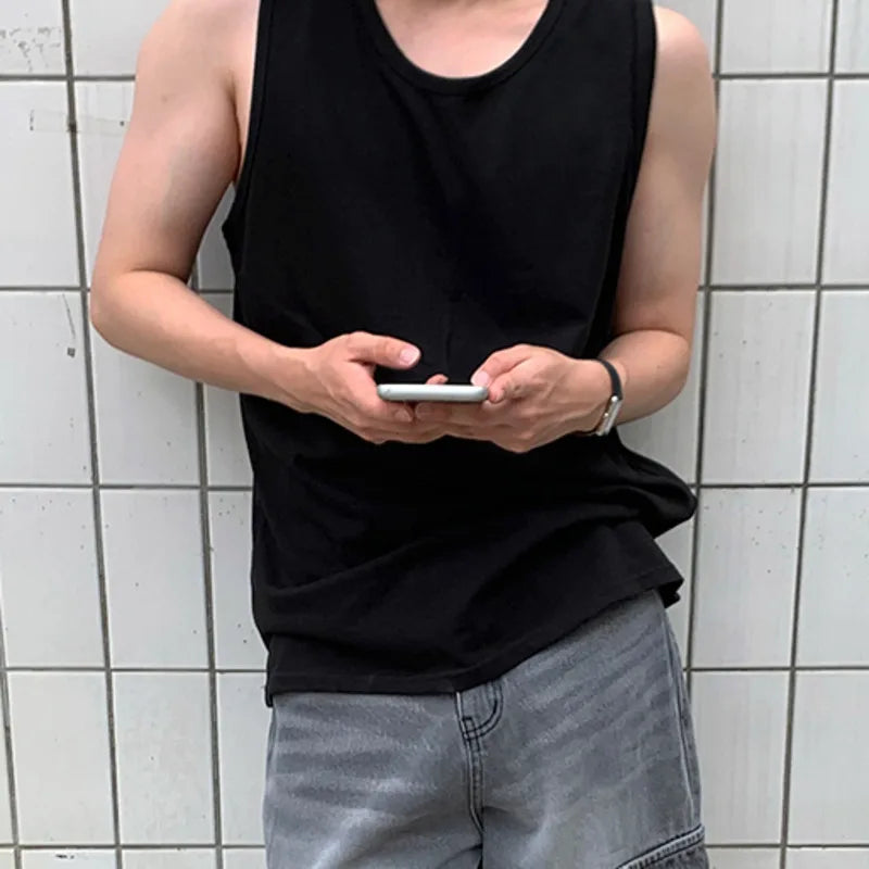 Men's Handsome Sports Vest New Summer Loose Round Neck Korean Pullover Trendy Solid Color Stylish Simple Male Top 9W1613
