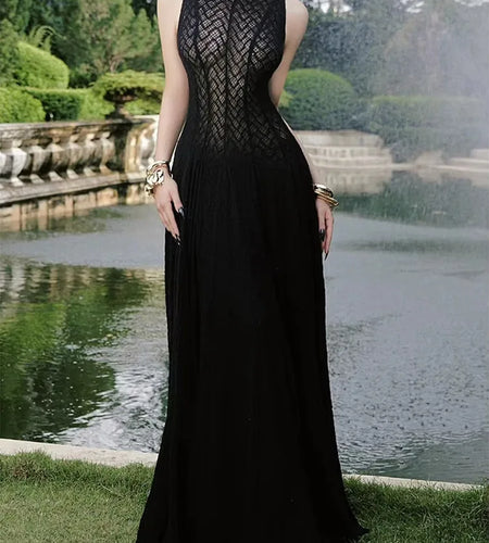 Solid Spliced Appliques Loose Dresses For Women O Neck Sleeveless High Waist Temperament Dress Female Fashion New