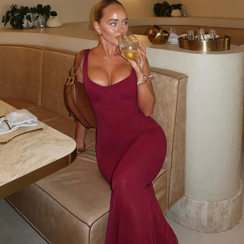 Load image into Gallery viewer, Mesh See Through Sexy Maxi Dress For Women Burgundy Spaghetti Strap Sleeveless Backless Elegant Club Party Long Dress
