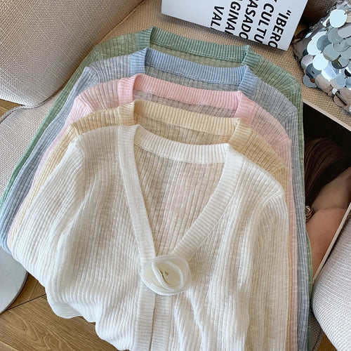 Load image into Gallery viewer, 2025 Sping Summer New Women Solid Fashion V-neck Flower Decoration Long Sleeve Cardigan Knitted Tops Sun Protection Clothes Chic
