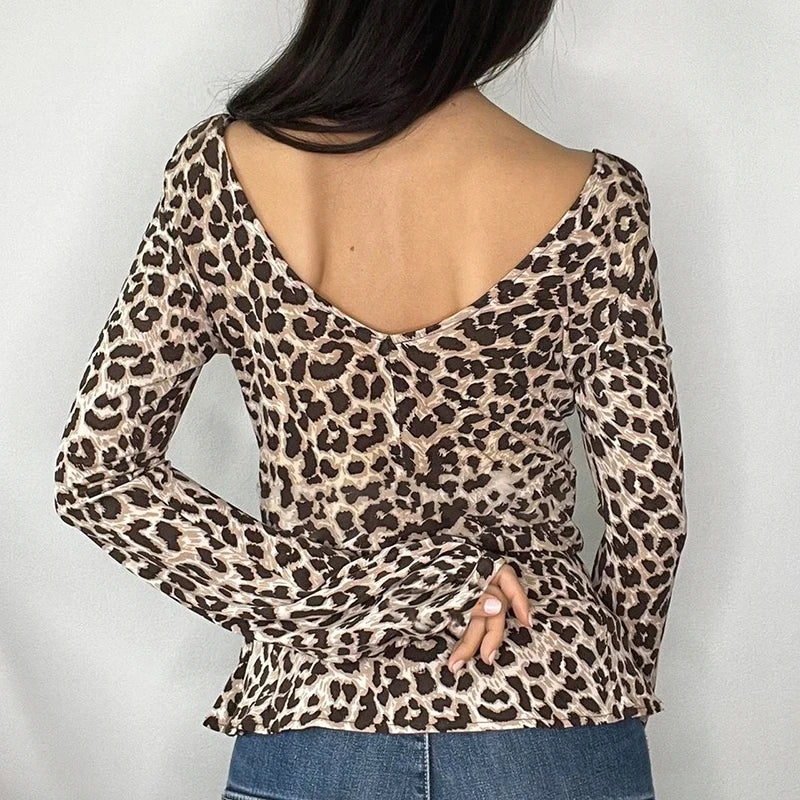 Vintage Leopard Deep V-neck Bodycon T-shirt Women Sexy Flared Sleeve Slim Party Y2K Autumn Top Outfits Elegant 2000s