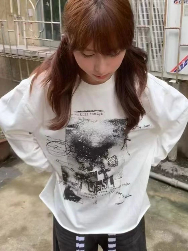 2025 Spring White Letter Printing All Match T-shirts Harajuku Casual Loose Vintage Tops Men and Women Grunge Y2k Aesthetic Tees