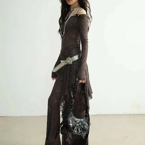 Load image into Gallery viewer, Gray Lace T-shirt Wide Leg Pants Two Piece Suit New Slash Neck Long Sleeve Women Fashion Tide Spring Autumn 2025 1DH8267
