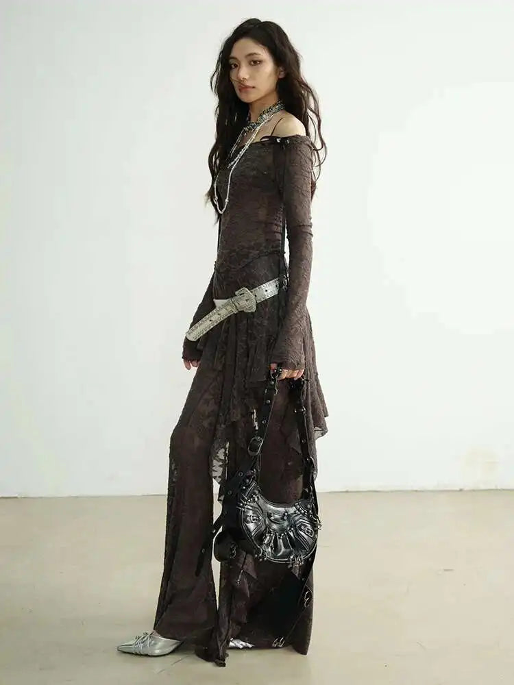 Gray Lace T-shirt Wide Leg Pants Two Piece Suit New Slash Neck Long Sleeve Women Fashion Tide Spring Autumn 2025 1DH8267