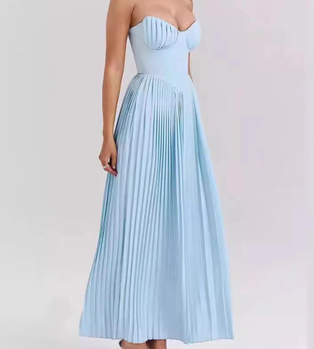 Solid Spliced Folds Slimming Dresses For Women Strapless Sleeveless High Waist Temperament Long Dress Female New