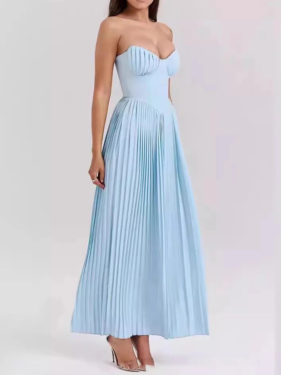 Solid Spliced Folds Slimming Dresses For Women Strapless Sleeveless High Waist Temperament Long Dress Female New