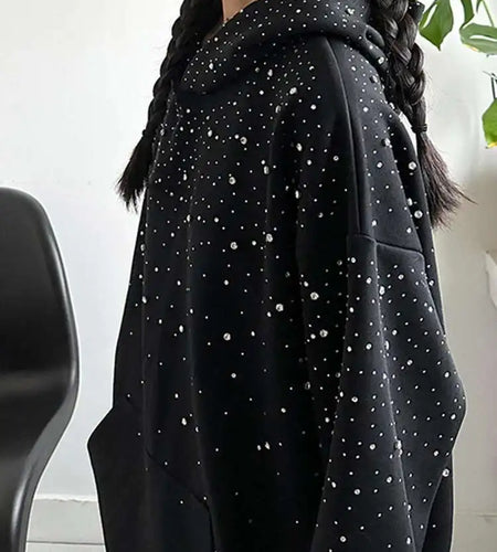 Black Rhinestones Shining Thick Sweatshirt New Hooded Long Sleeve Women Big Size Fashion Tide Spring Autumn 2025 1DJ0096