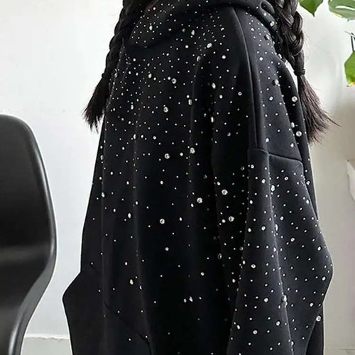 Load image into Gallery viewer, Black Rhinestones Shining Thick Sweatshirt New Hooded Long Sleeve Women Big Size Fashion Tide Spring Autumn 2025 1DJ0096
