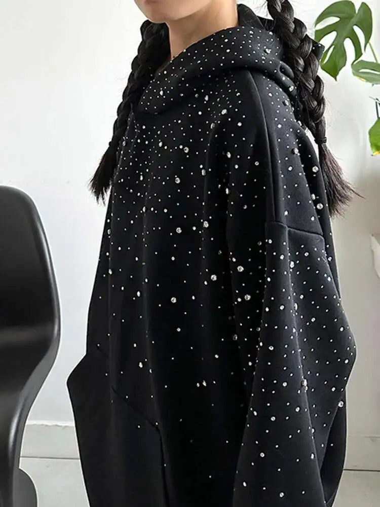 Black Rhinestones Shining Thick Sweatshirt New Hooded Long Sleeve Women Big Size Fashion Tide Spring Autumn 2025 1DJ0096
