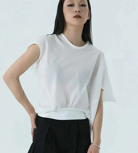 Women White Irregular Denim Big Size Casual T-shirt New Round Neck Short Sleeve Fashion Tide Spring Summer 2025 1DH4945