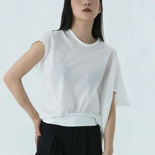 Load image into Gallery viewer, Women White Irregular Denim Big Size Casual T-shirt New Round Neck Short Sleeve Fashion Tide Spring Summer 2025 1DH4945
