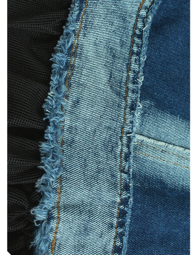 Women Black Denim Burr Mesh Spliced Big Size Vest Dress New Lapel Sleeveless Fashion Tide Spring Autumn 2025   1DJ1352