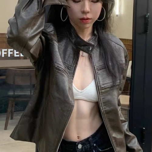 Load image into Gallery viewer, Autumn Harajuku Vintage Bomber Jacket Women Clothes Streetwear Casual Outwear 2025 Ropa Mujer Loose PU Coat Y2k Aesthetic Tops
