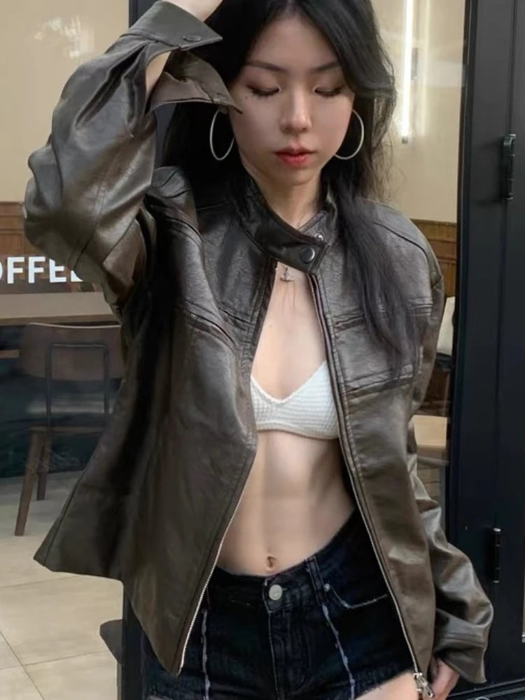 Autumn Harajuku Vintage Bomber Jacket Women Clothes Streetwear Casual Outwear 2025 Ropa Mujer Loose PU Coat Y2k Aesthetic Tops