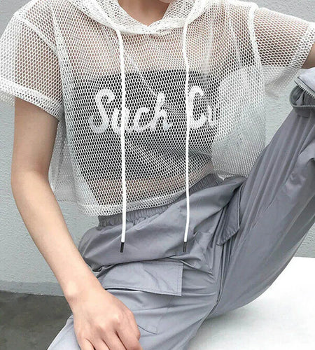 Womens Hollow Mesh Net Hooded T-Shirt Short Sleeve Tee Tops Transparent Black Swxy Clubwear Party