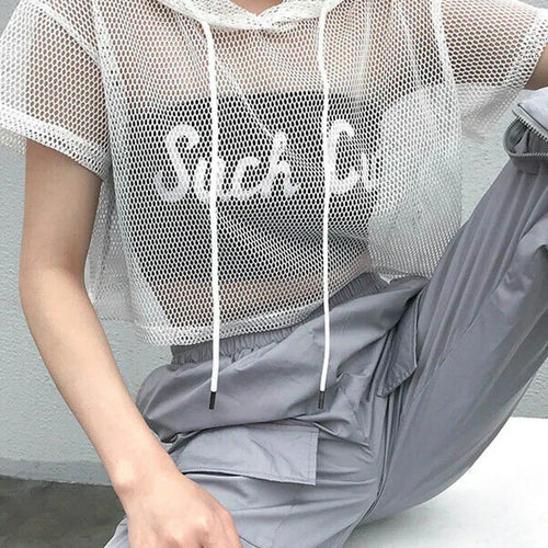 Load image into Gallery viewer, Womens Hollow Mesh Net Hooded T-Shirt Short Sleeve Tee Tops Transparent Black Swxy Clubwear Party
