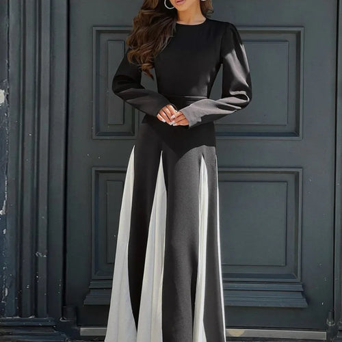 Load image into Gallery viewer, Patchwork Long Sleeve Maxi Dress For Women Autumn Winter New O Neck Color Contrast Lace-up Elegant Long Dress Fashion
