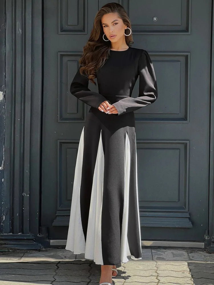 Patchwork Long Sleeve Maxi Dress For Women Autumn Winter New O Neck Color Contrast Lace-up Elegant Long Dress Fashion