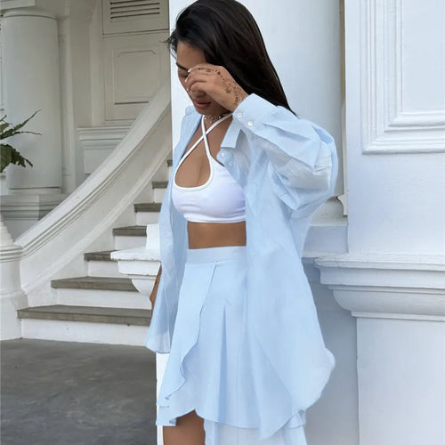 Load image into Gallery viewer, Summer Beach Two Piece Sets Women Long Sleeve Shirt And Mini Skirt Female See Through Loose 2 Piece Set Beachwear
