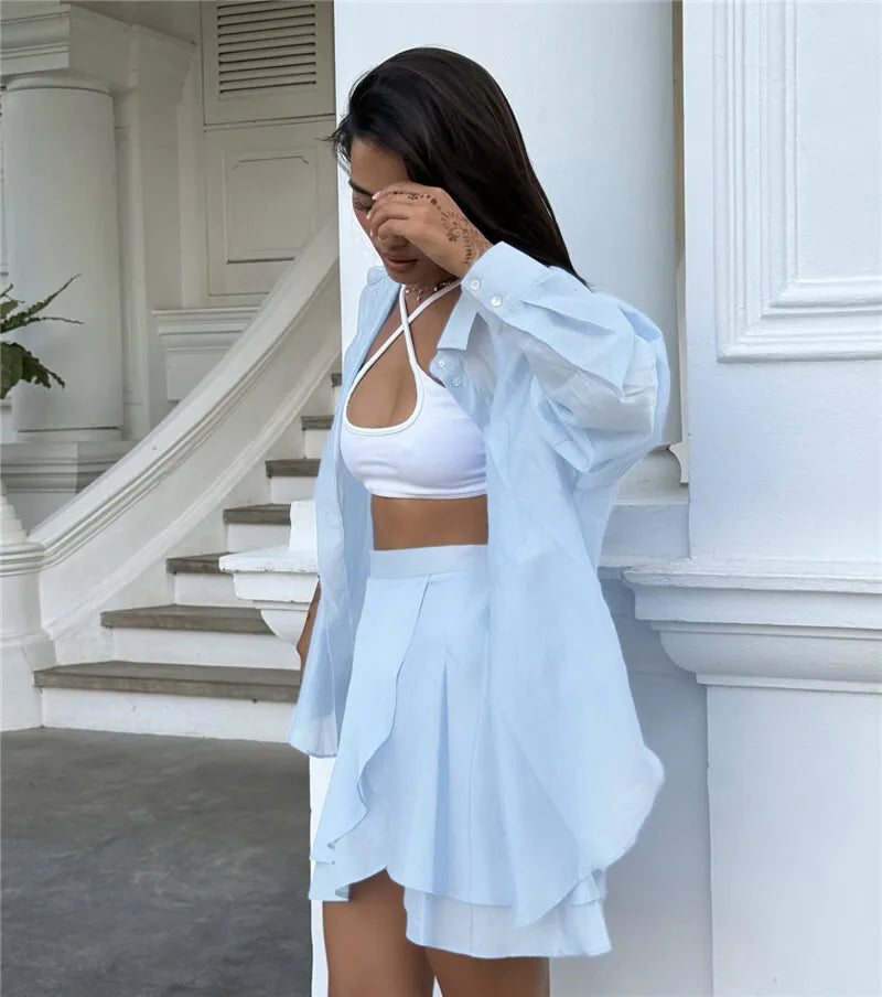 Summer Beach Two Piece Sets Women Long Sleeve Shirt And Mini Skirt Female See Through Loose 2 Piece Set Beachwear