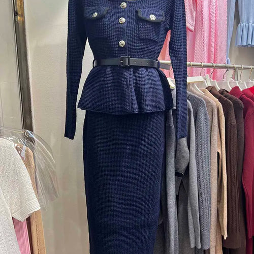 Load image into Gallery viewer, Temperament Knit Two Oiece Sets for Women Square Neck Long Sleeves Spliced Button Top High Waist Skirt Set Female
