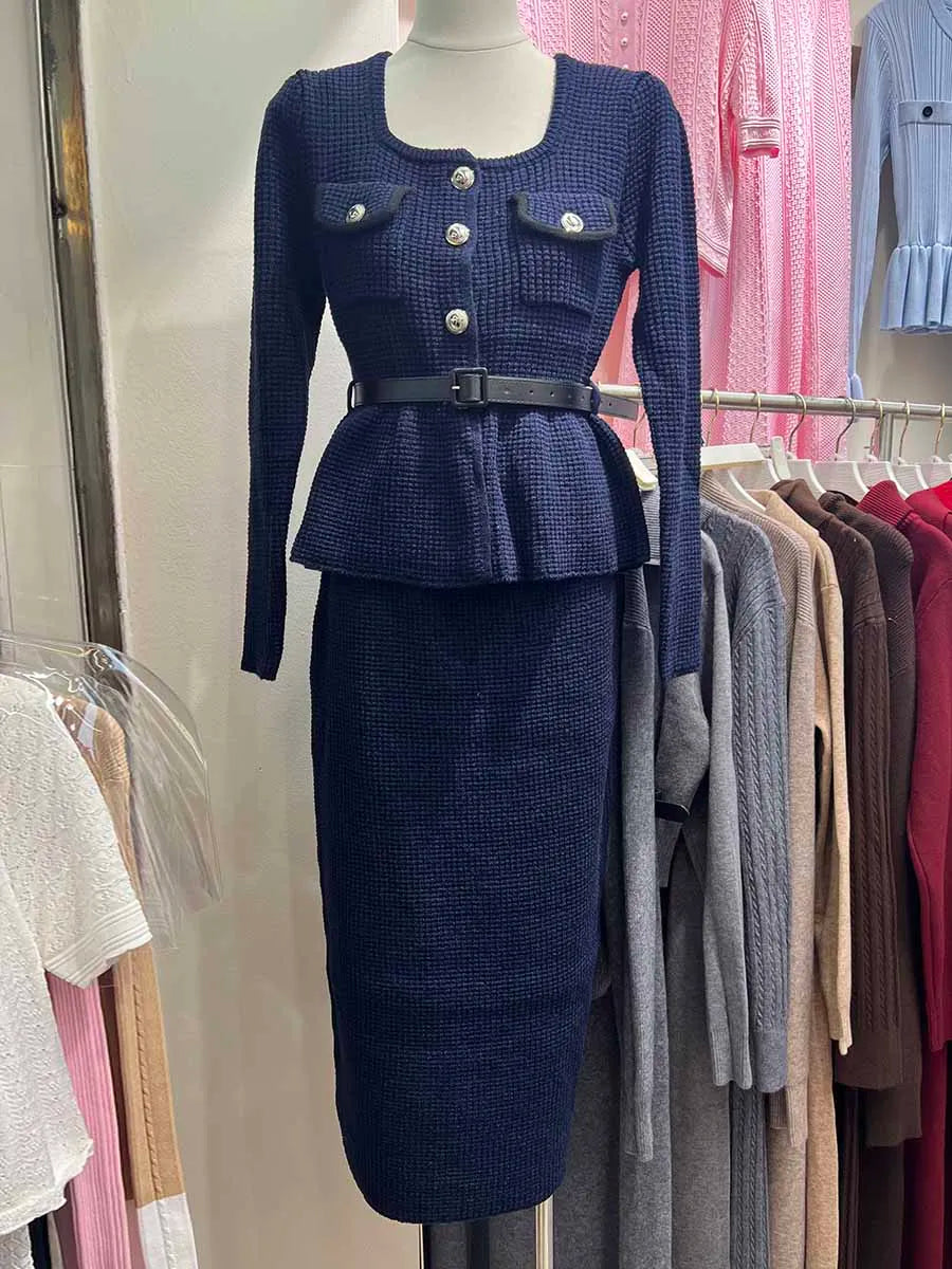 Temperament Knit Two Oiece Sets for Women Square Neck Long Sleeves Spliced Button Top High Waist Skirt Set Female