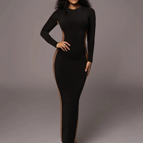 Load image into Gallery viewer, Autumn/Winter Long Sleeve Hollow Out Split Dress For Women Bodycon Elastic Tight Maxi Dress Female Party Club Vestidos
