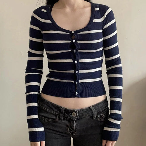 Load image into Gallery viewer, Korean Fashion Stripe Women Sweaters Buttons Up Slim Autumn Cardigan Knitwears Preppy Style Basic Knit Outfits Spring

