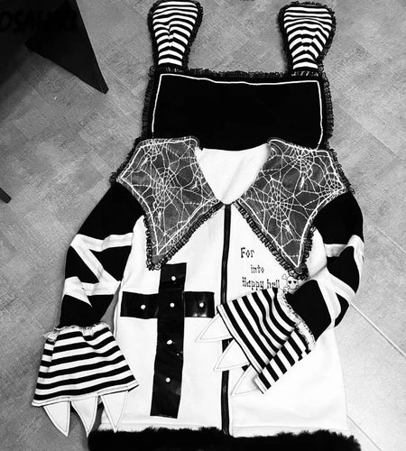 Gothic Jackets Women Striped Lace Patchwork Y2k Aesthetic Grunge Coats Harajuku  Loose Punk Streetwear Jacket