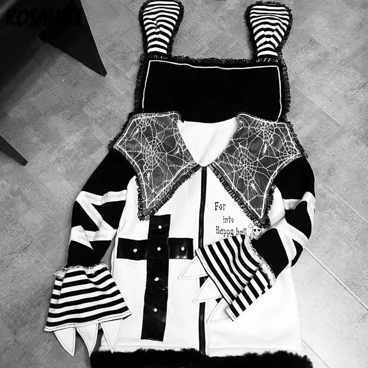 Gothic Jackets Women Striped Lace Patchwork Y2k Aesthetic Grunge Coats Harajuku  Loose Punk Streetwear Jacket