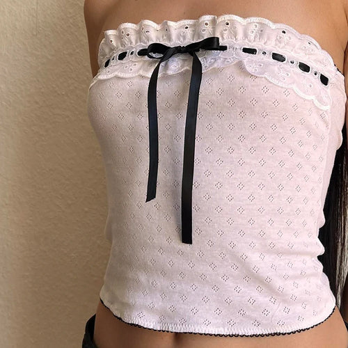 Load image into Gallery viewer, Y2K Aesthetic Cute Jacquard Summer Female Tube Top Bandeau Knitted Bow Lace Patchwork Ruffles Mini Cropped Top Kawaii
