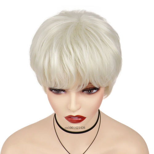 Load image into Gallery viewer, Short Wigs for Women Syntheitc Platinum Blonde Straight Hair Pixie Cuts Haircut Natural Wigs with Bangs Casual Style Mommy Wig
