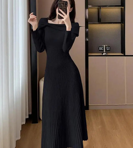 Black Elegant Long Sleeve Knit Dress Women Autumn Beige Bow French Fashion Slim Casual Ladies Midi Red Party Dresses Simplicity