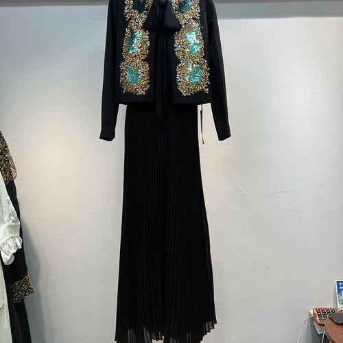 Load image into Gallery viewer, Hit Color Two Piece Set O Neck Long Sleeve Coat Lace Up Sleeveless High Waist Temperament Long Dress Sets Female
