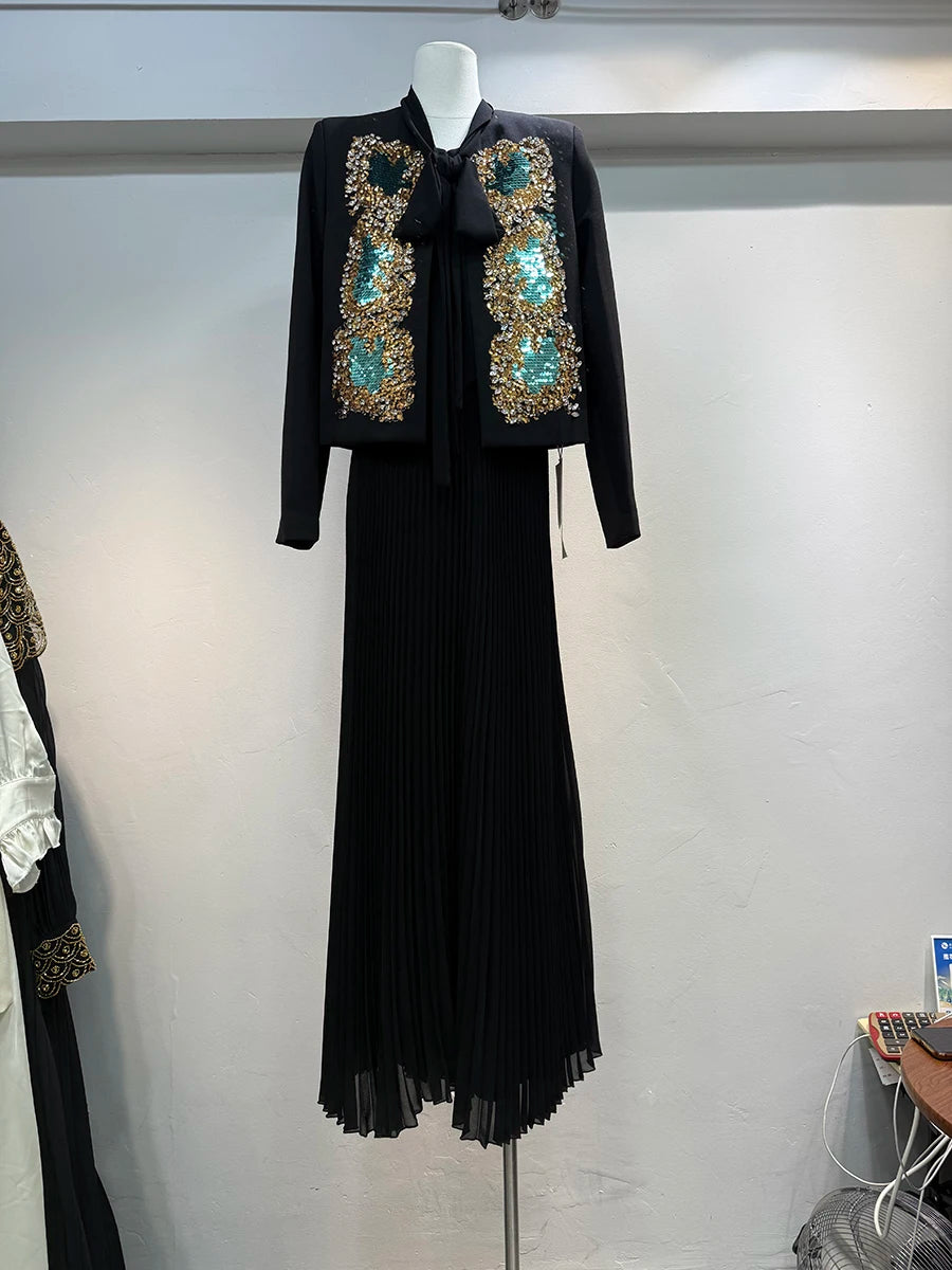 Hit Color Two Piece Set O Neck Long Sleeve Coat Lace Up Sleeveless High Waist Temperament Long Dress Sets Female